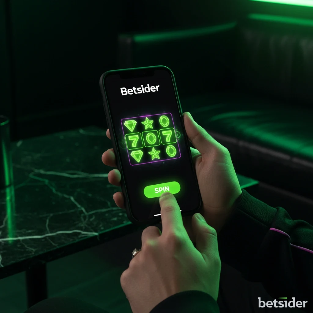 A hand holding a smartphone running the Betsider app with a mobile casino slot game on screen