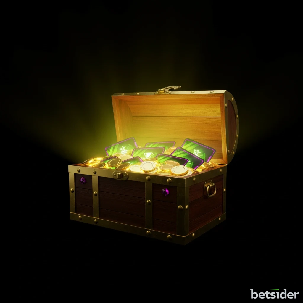 Glowing treasure chest of gold coins representing the Betsider casino welcome bonus of C$1,000 plus 200 free spins.