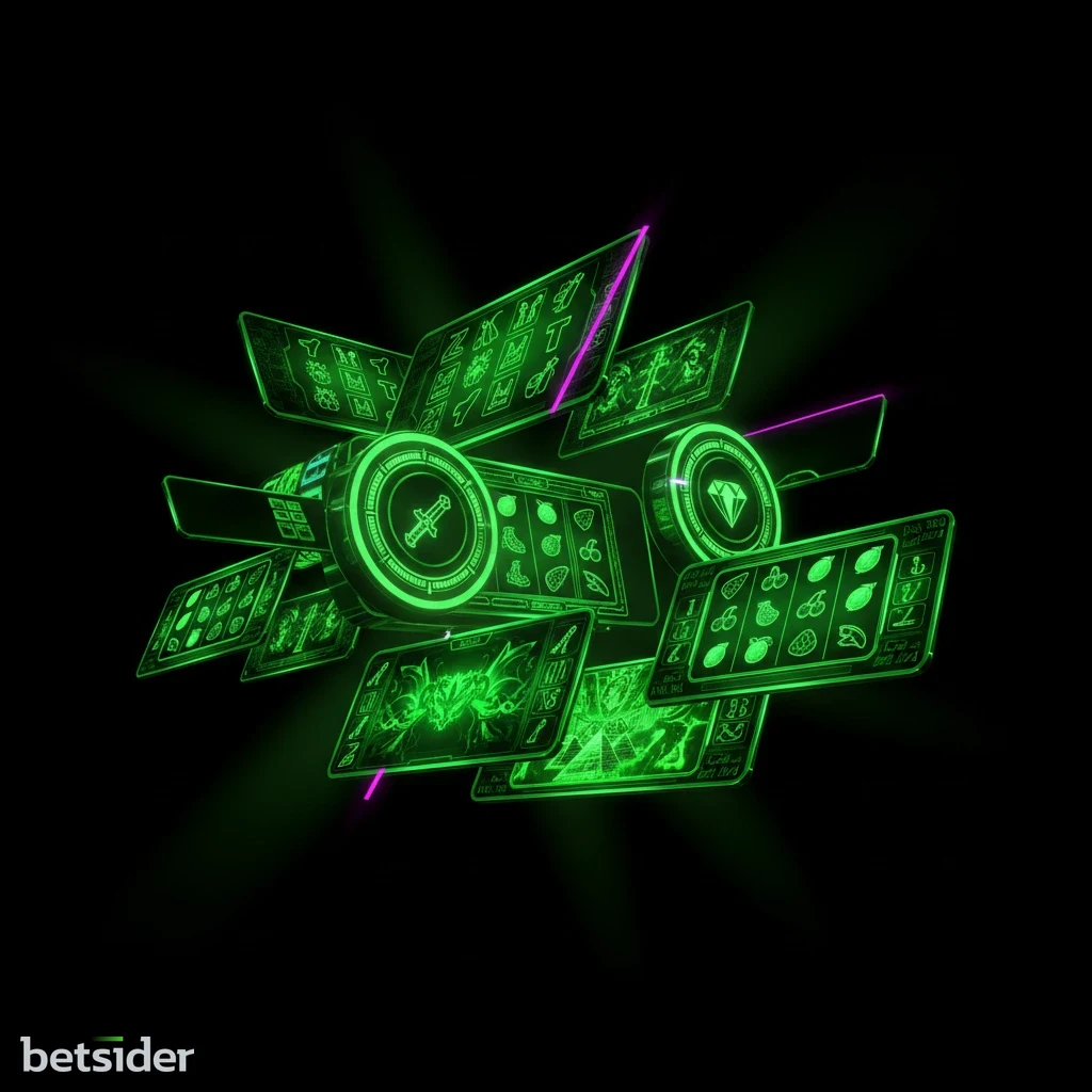 A vibrant collage of popular slot machine game logos and characters.