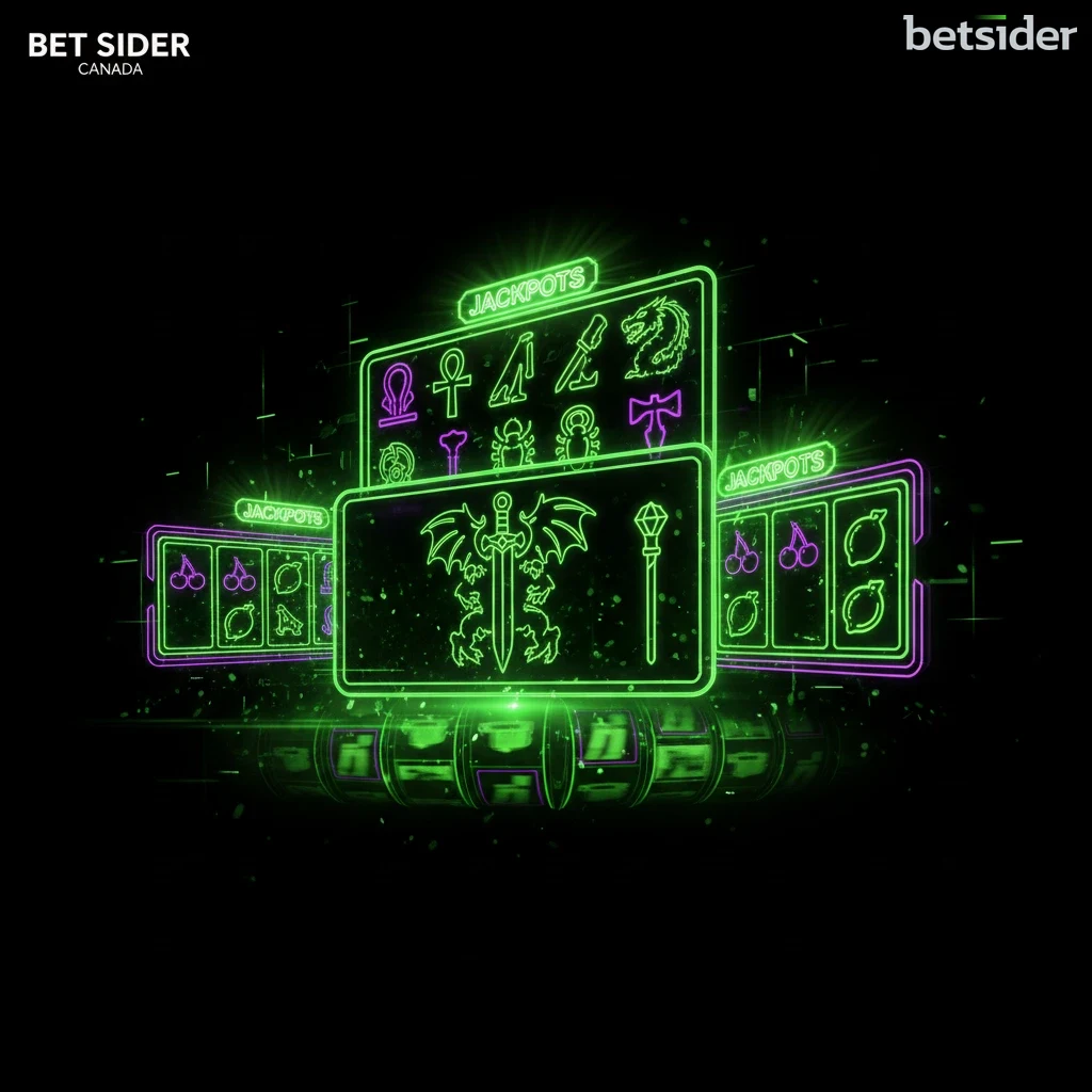 A colourful collage of Betsider online slot game themes including fruit, fantasy and jackpot symbols.