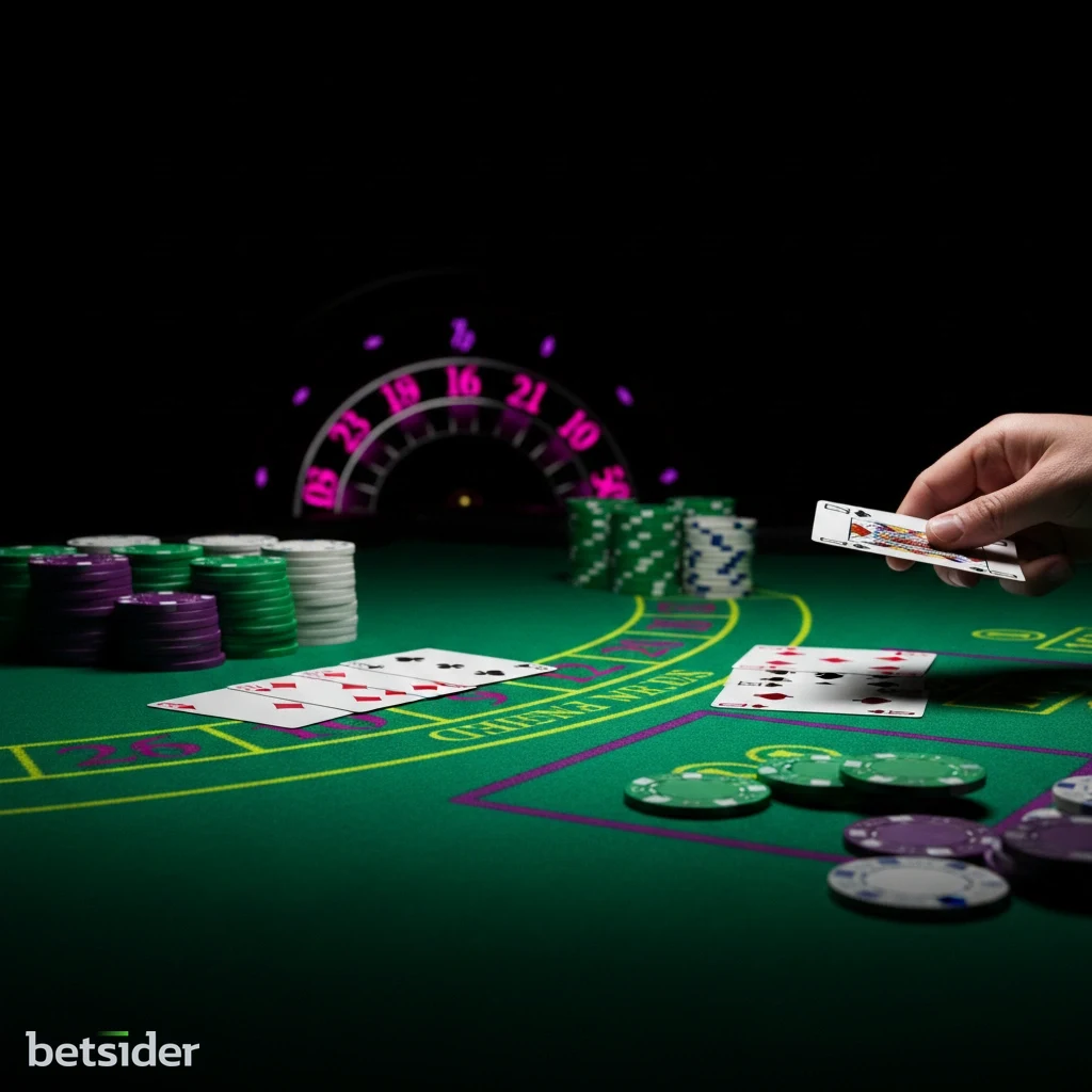 A sophisticated top-down view of a blackjack table with cards and chips.