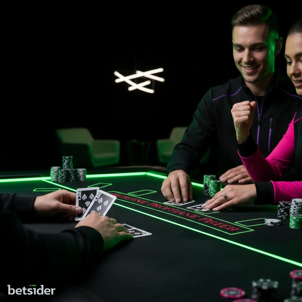 A digital blackjack table viewed from above, showing cards dealt to the player and dealer.