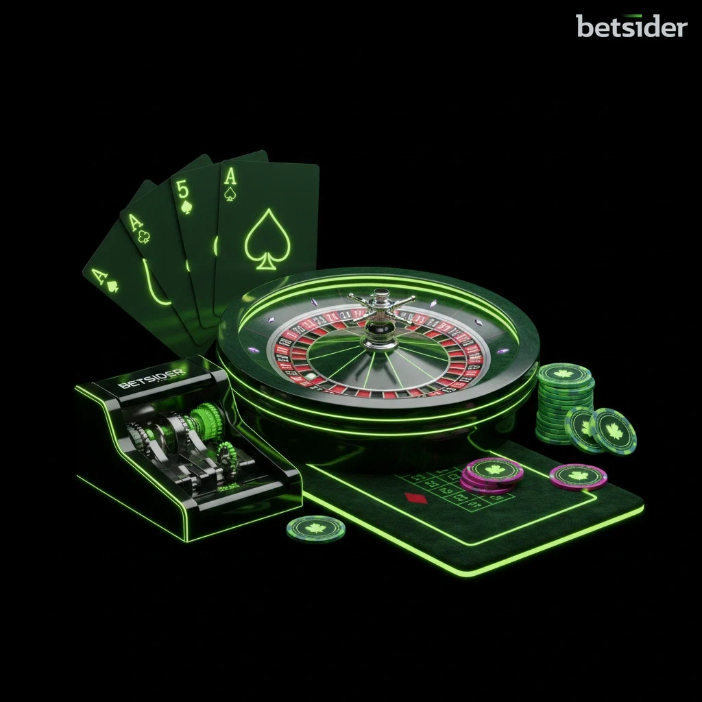 A collage of classic casino table games including a roulette wheel and blackjack cards.