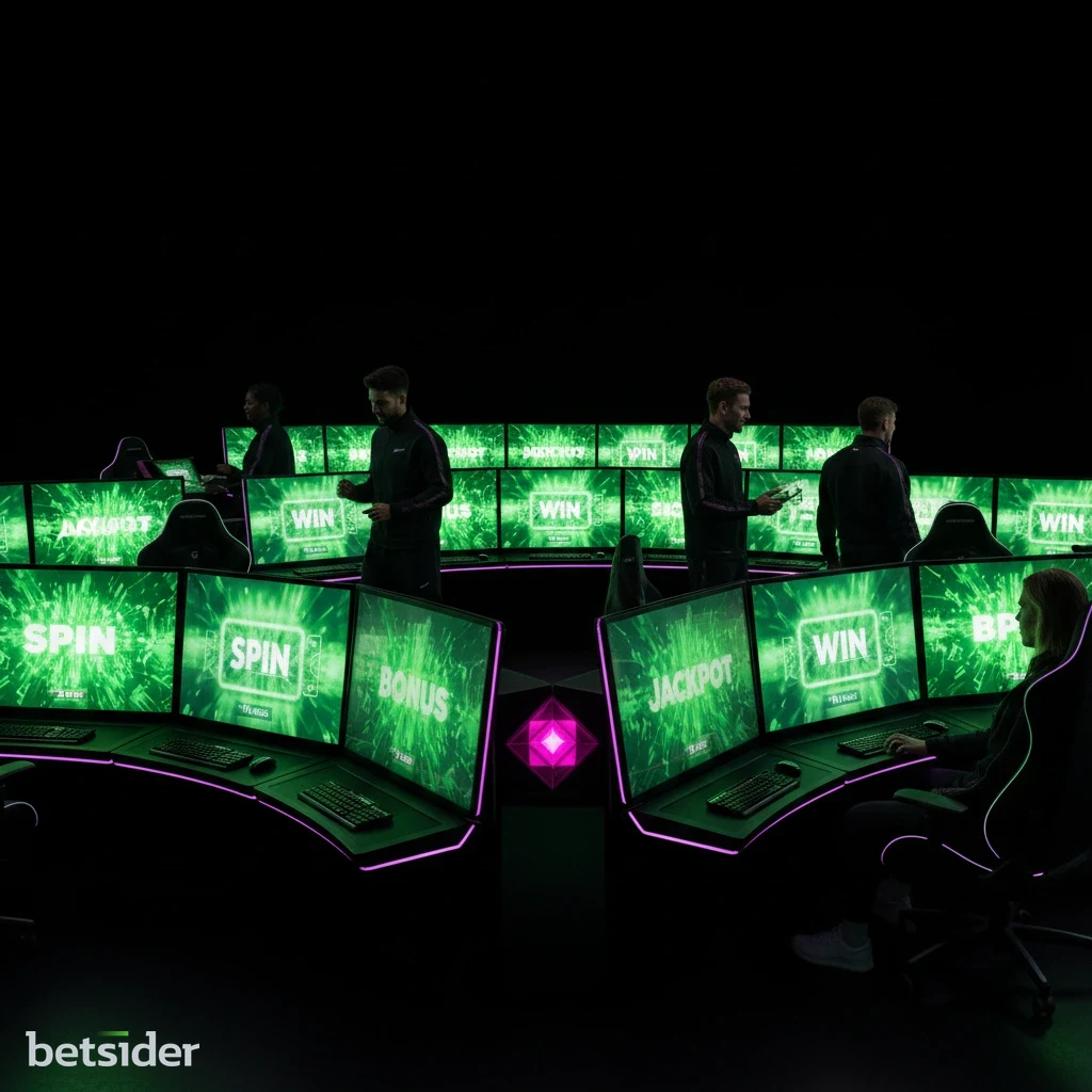A professional live casino dealer smiling at a baccarat table in a sophisticated studio setting.