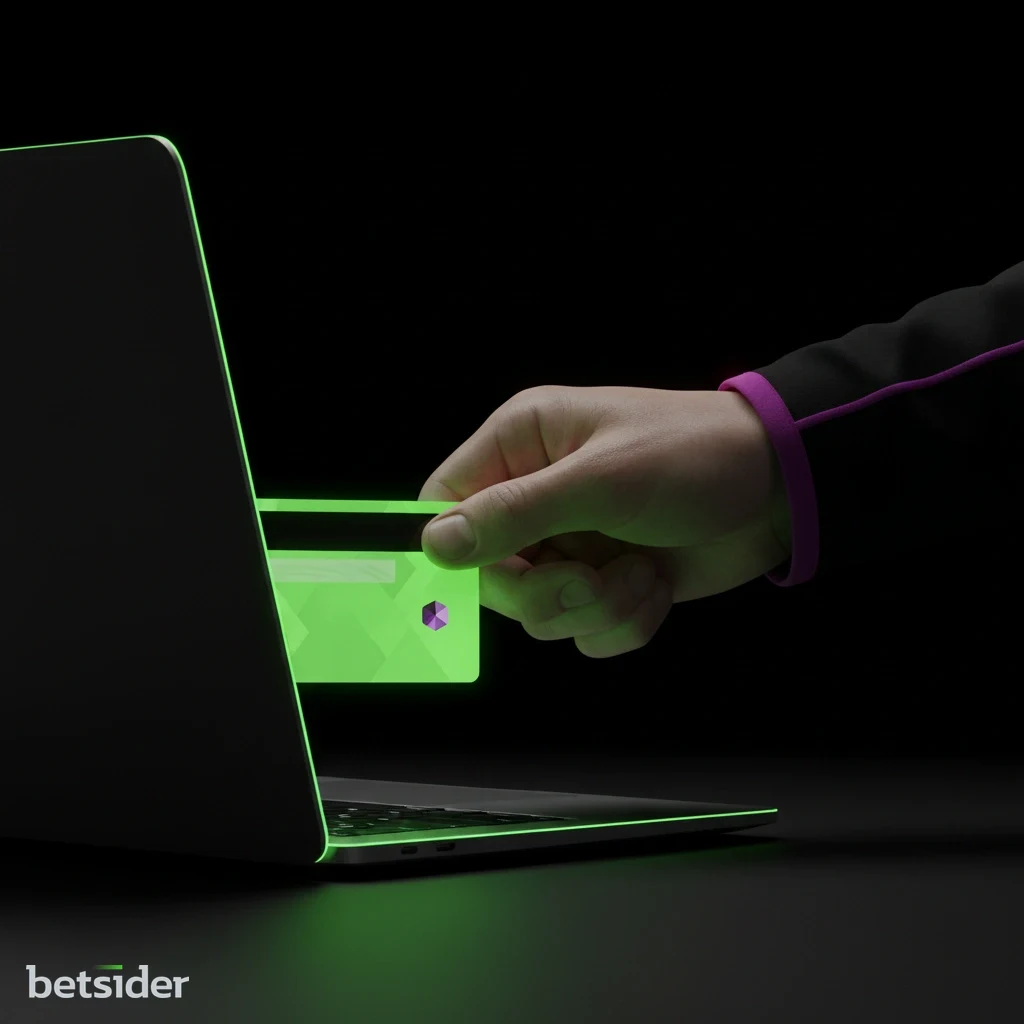 A hand inserting a credit card into a laptop, representing secure online payments at Betsider.