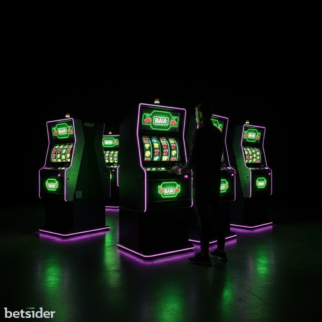A classic three-reel slot machine interface showing fruit symbols and a single payline.